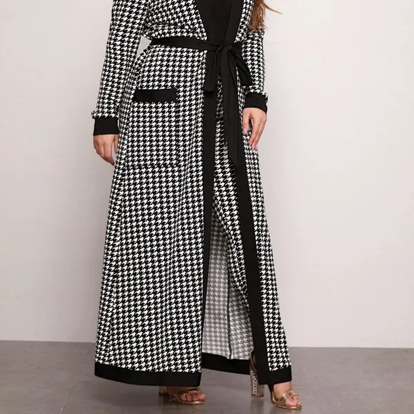 Black Casual Womens Patch Pocket Belted Houndstooth Coat & Leggings Set - Picture 4 of 5